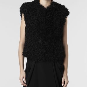 All Saints Black Sheepskin Shearling Astor Cap Sleeve Vest Shrug Gilet US 4 UK 8